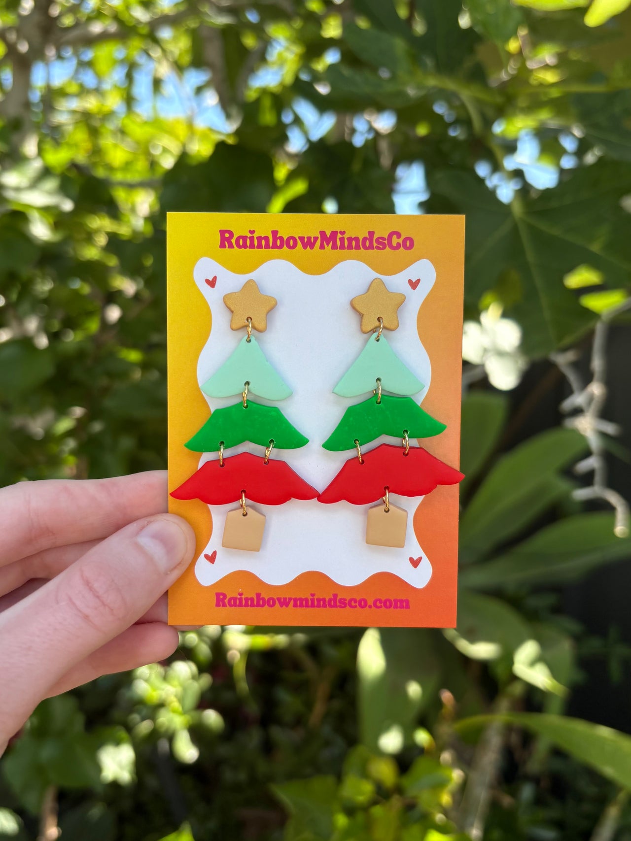 Festive Forest XMAS Tree Polymer Clay Earrings- Green, Red & Gold Dangles
