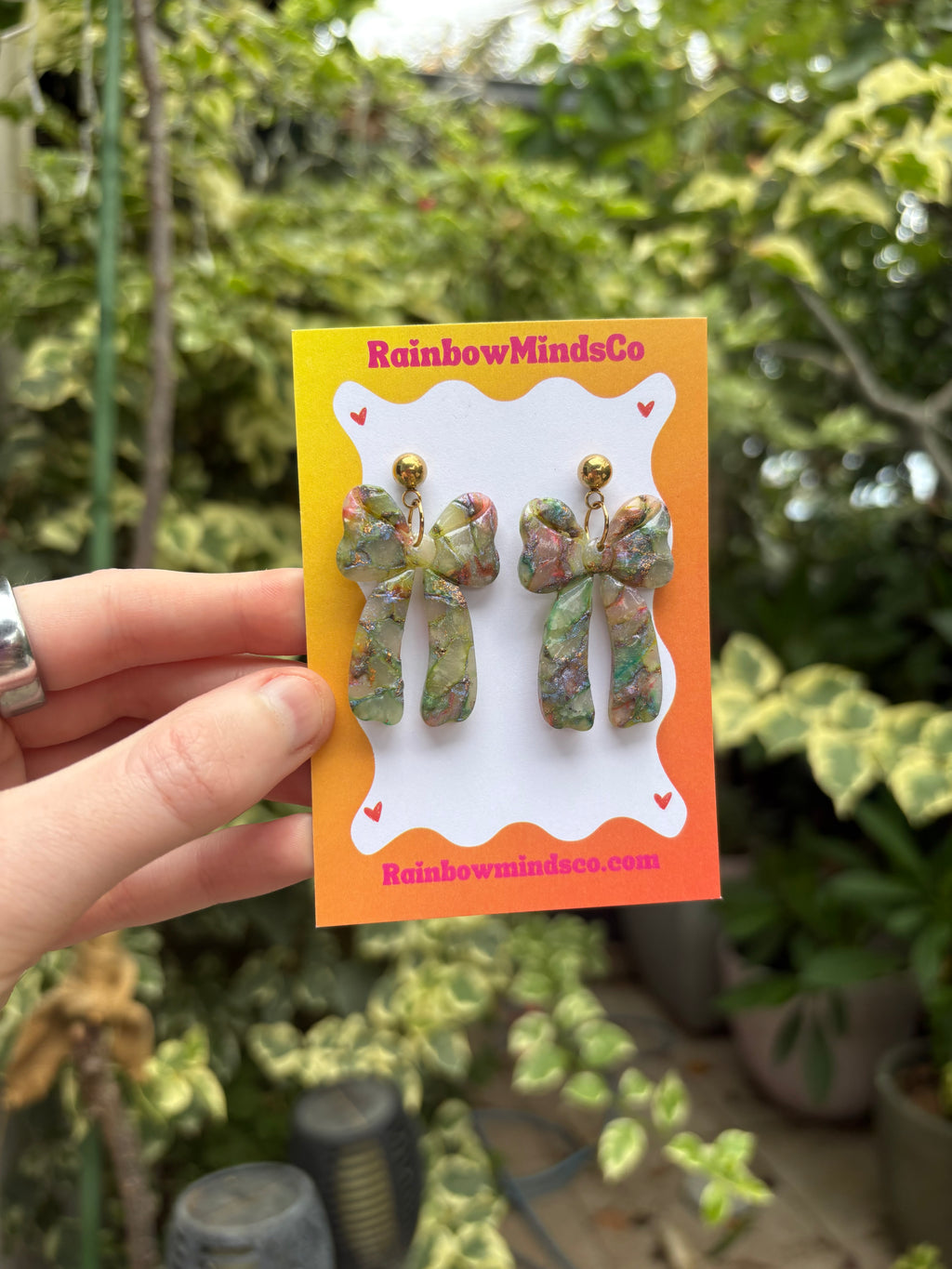 Aurora Prism Bow Polymer Clay Earrings- Green Crystal Ribbon Dangles