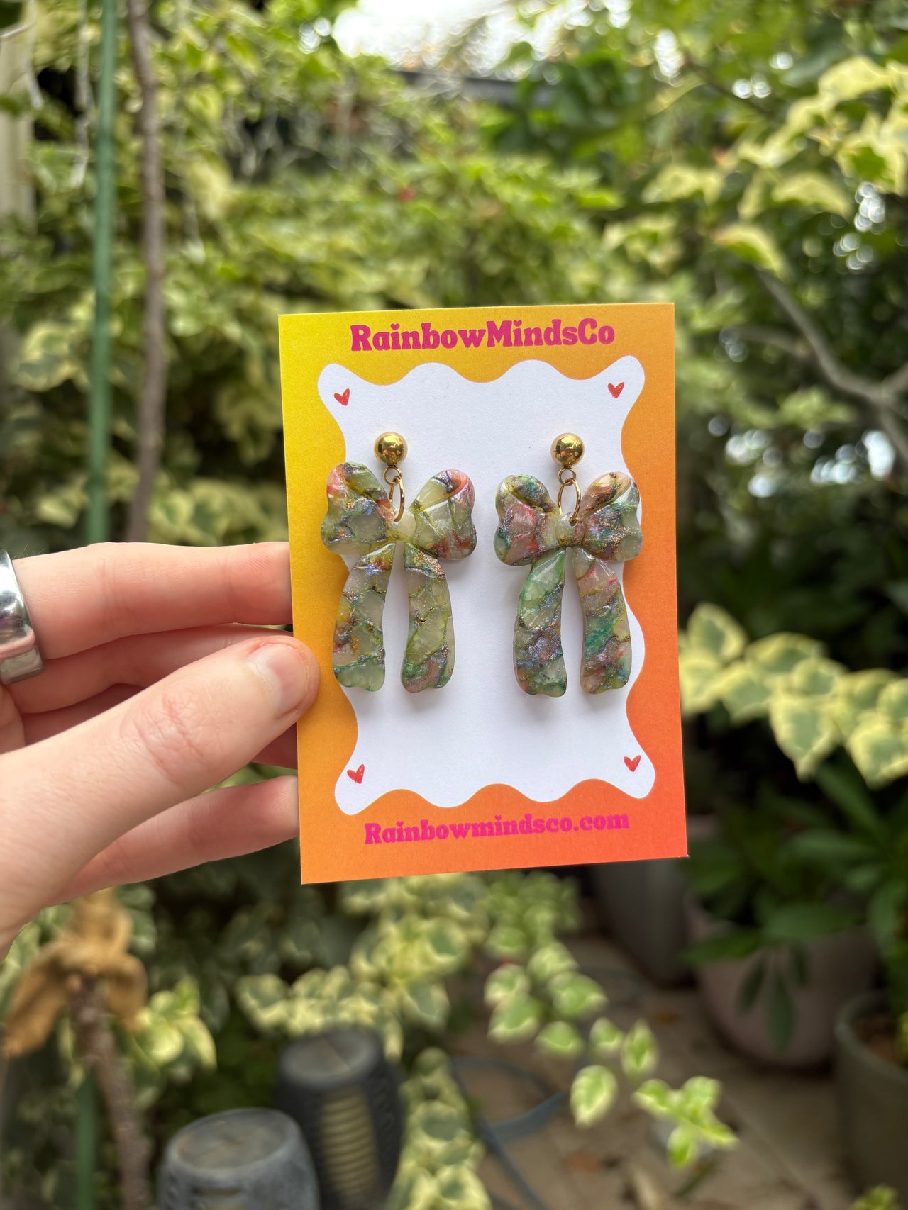 Aurora Prism Bow Polymer Clay Earrings- Green Crystal Ribbon Dangles