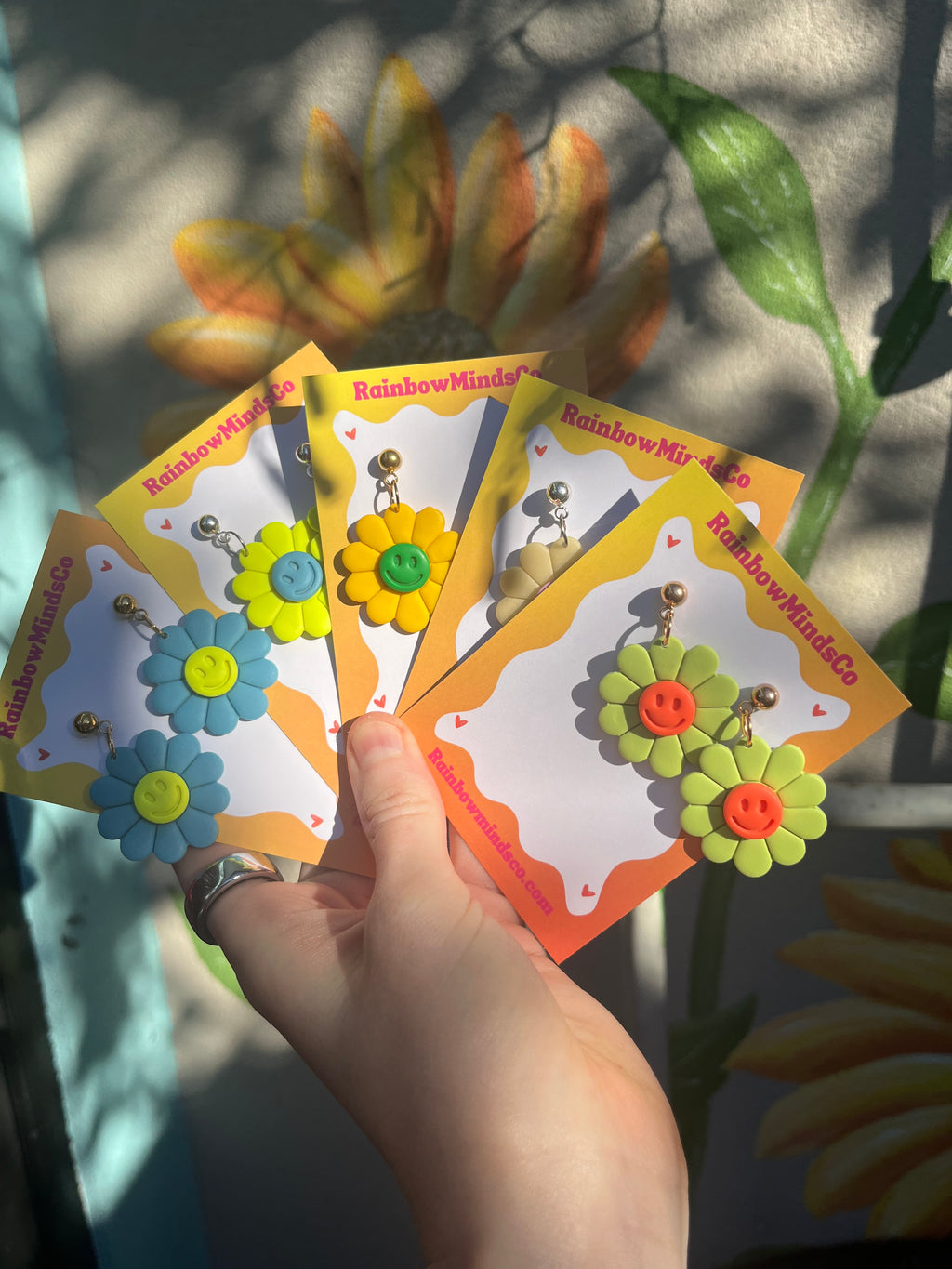 Joy Bloom Polymer Clay Earrings- Smiley face Flower Dangles (Multiple variants)