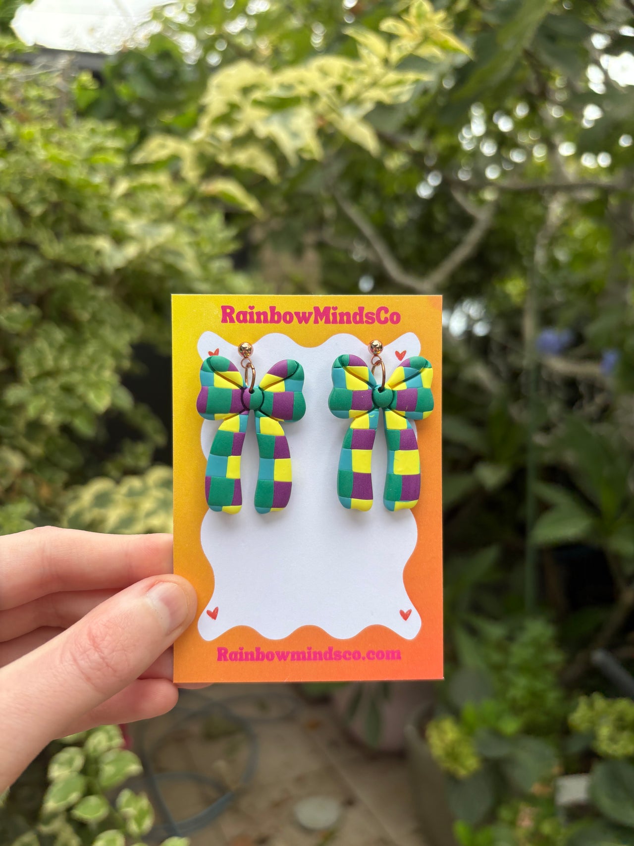 Colour Pop Bow Polymer Clay Earrings- Green, Purple & Yellow Checkered Ribbon Dangles