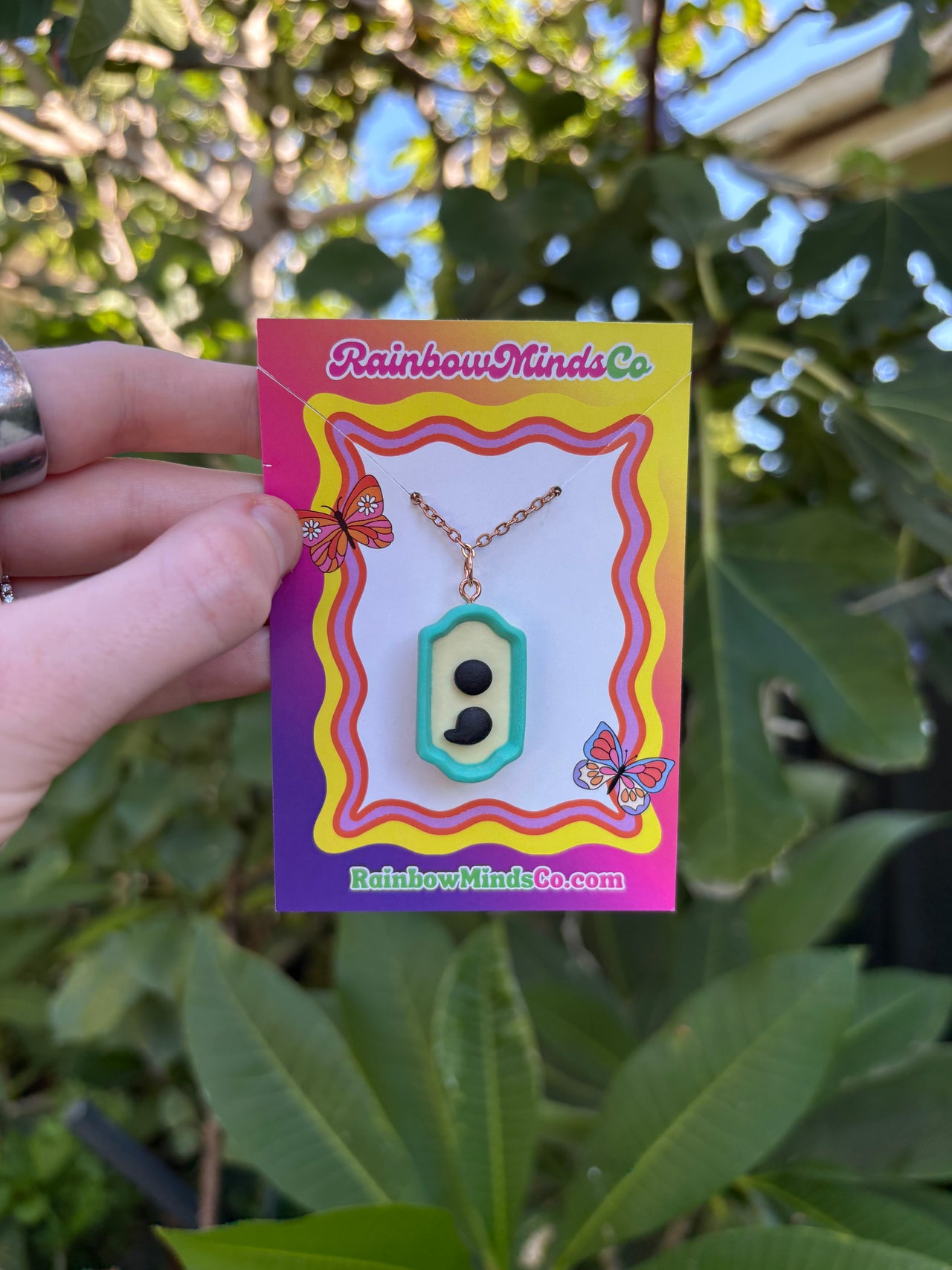 Mental Health Matters - Handmade Polymer Clay Necklace- Aqua & Black Semicolon