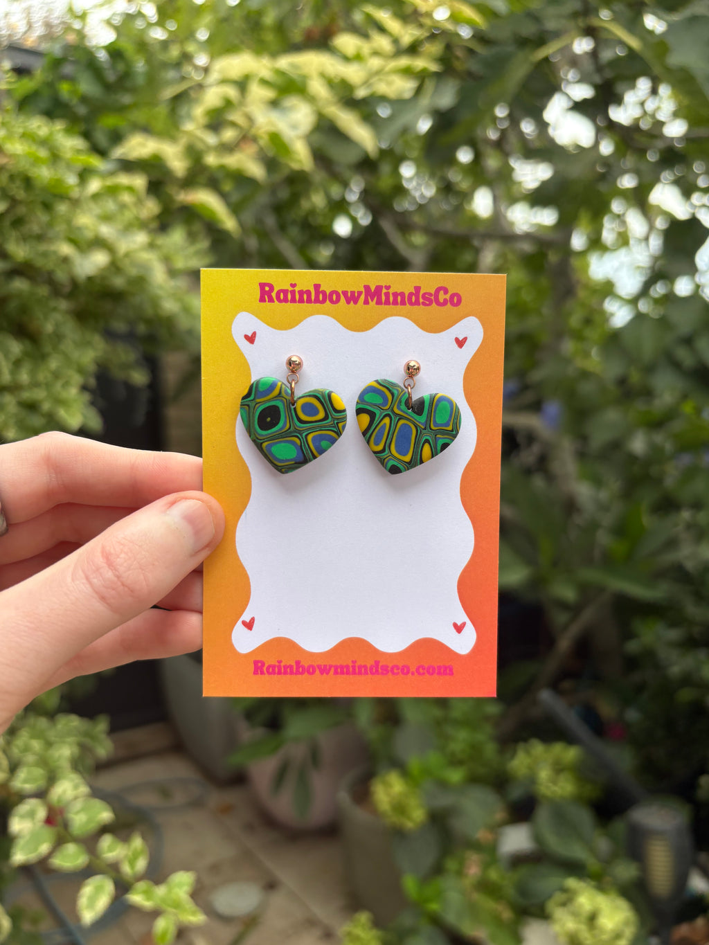 Geometric Heart Polymer Clay Earrings- Green, Blue, Yellow & Black Trippy Heart Dangles