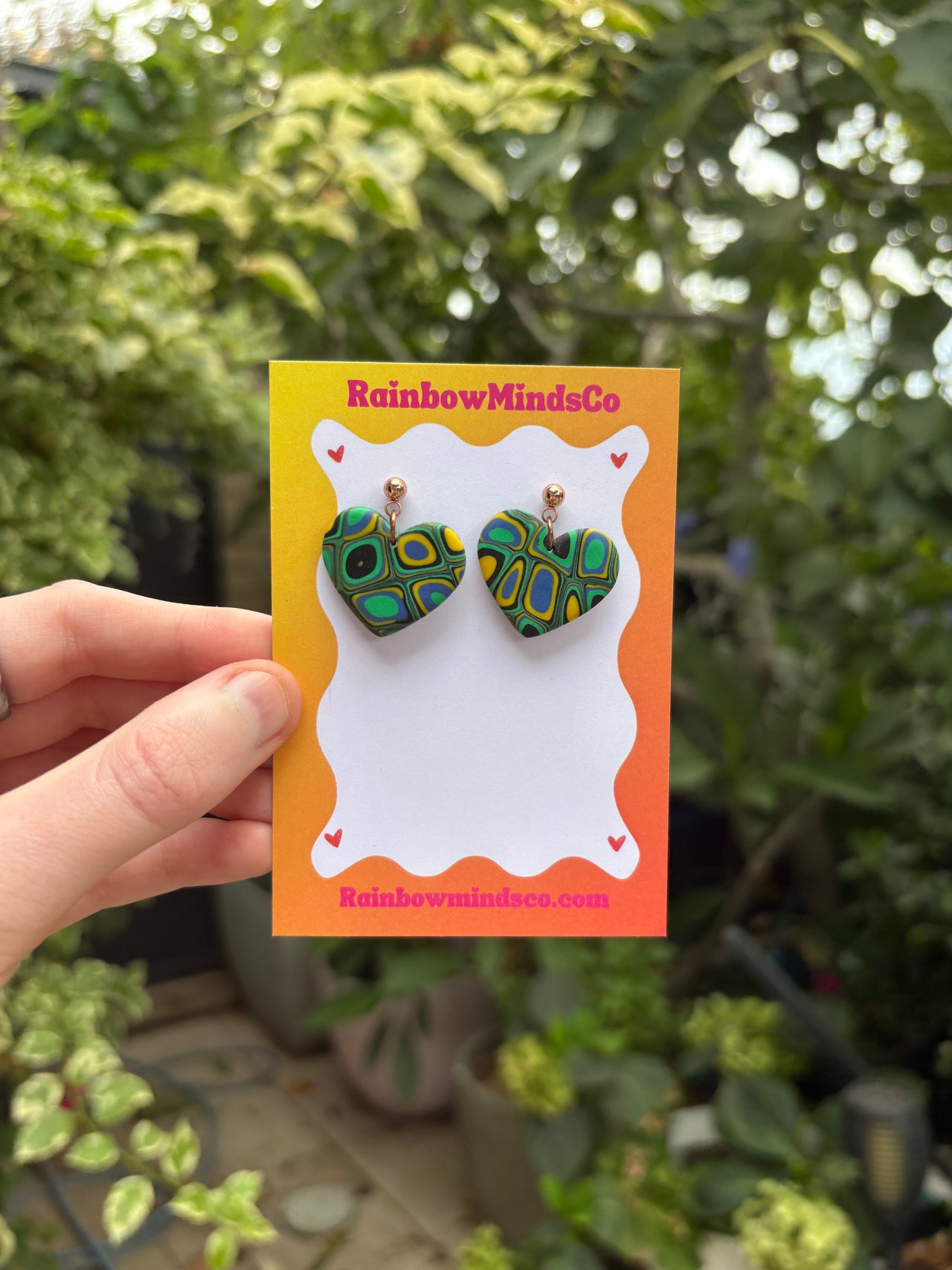 Geometric Heart Polymer Clay Earrings- Green, Blue, Yellow & Black Trippy Heart Dangles