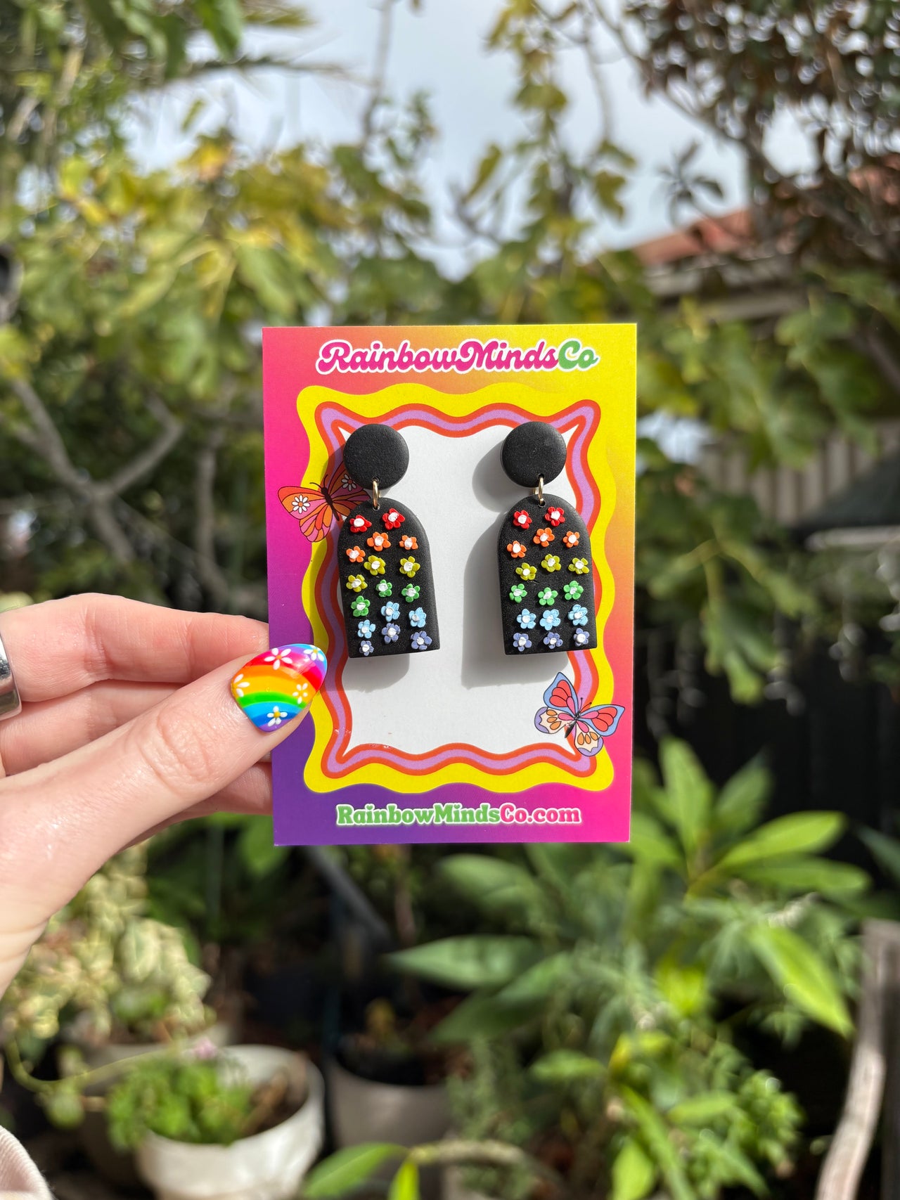 Rainbow Wildflower Arch Dangles - Handmade Polymer Clay Earrings