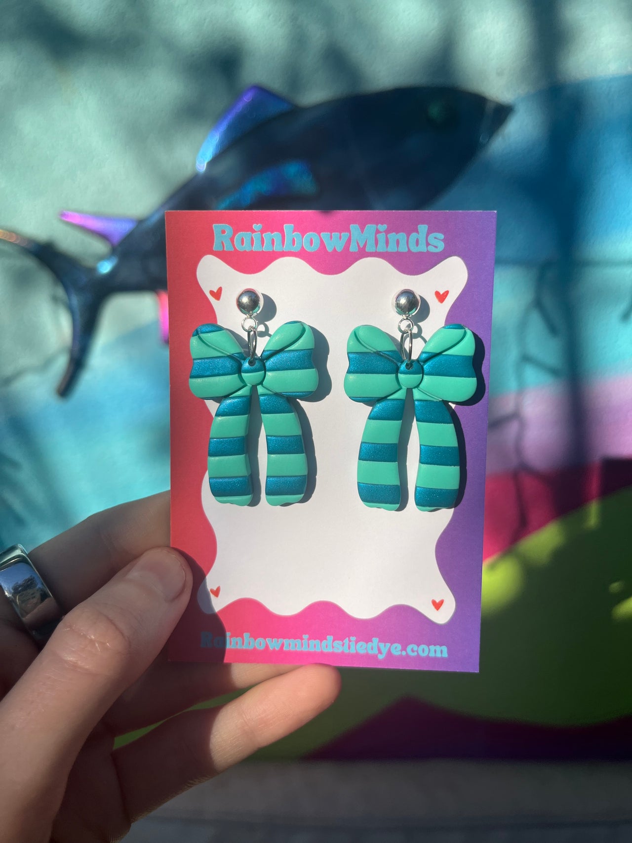 Aqua Bows - Aqua & Teal striped Polymer Clay Earrings
