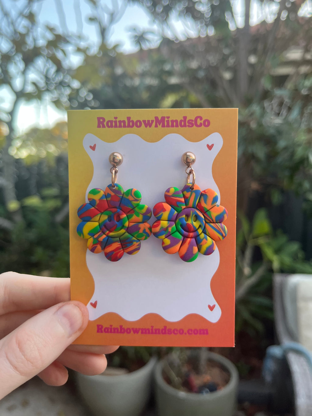 Joy Bloom Polymer Clay Earrings- Smiley face Flower Dangles (Multiple variants)