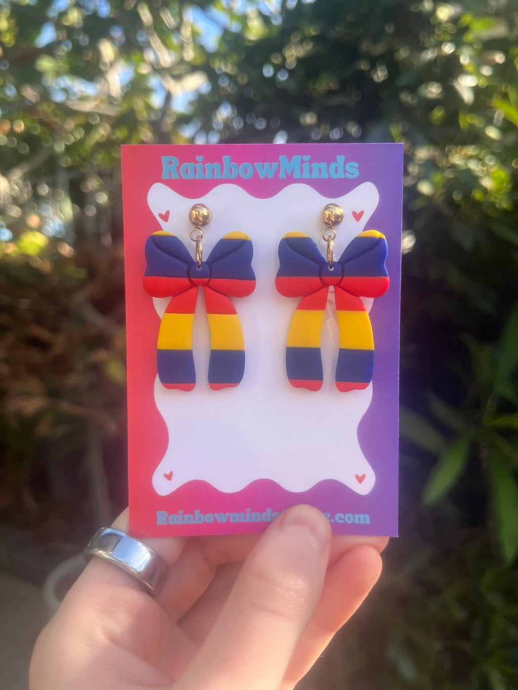 Victory Bow Polymer Clay Earrings- Red, Navy & Yellow Ribbon Dangles