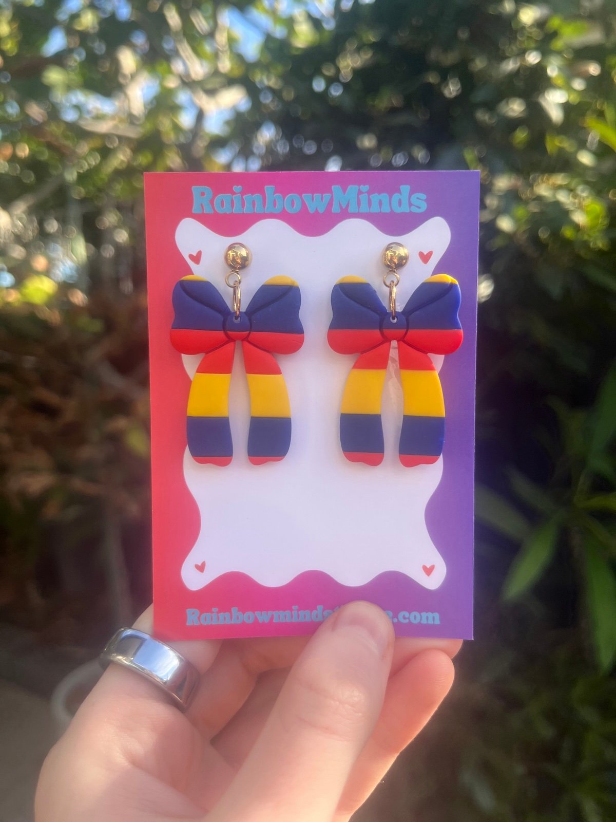 Victory Bow Polymer Clay Earrings- Red, Navy & Yellow Ribbon Dangles