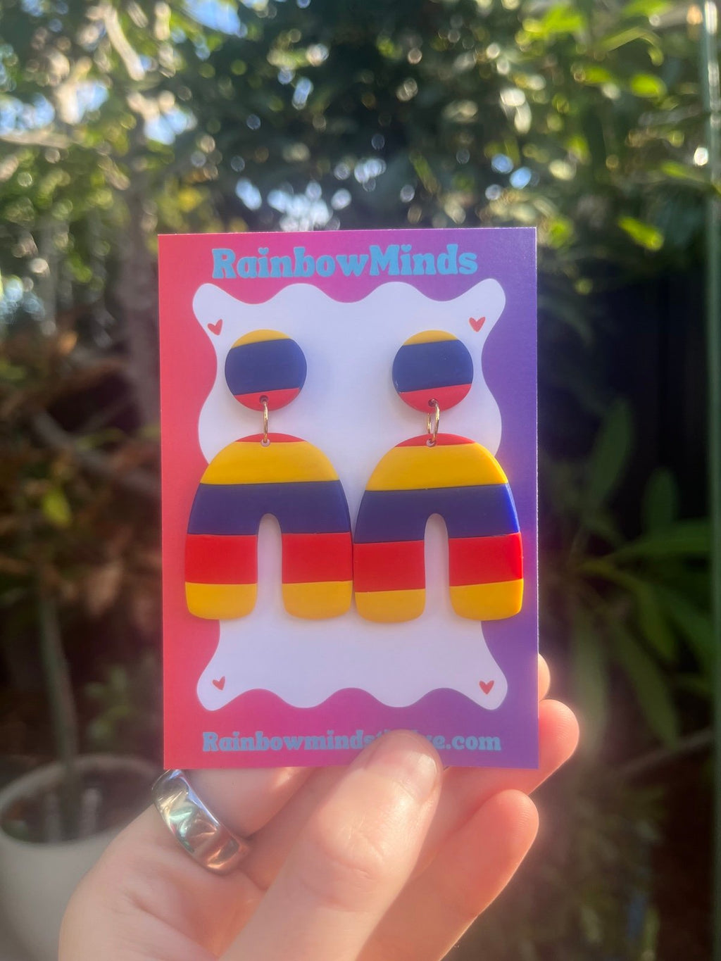 Pride Arch Polymer Clay Earrings- Red, Navy & Yellow Arch Dangles