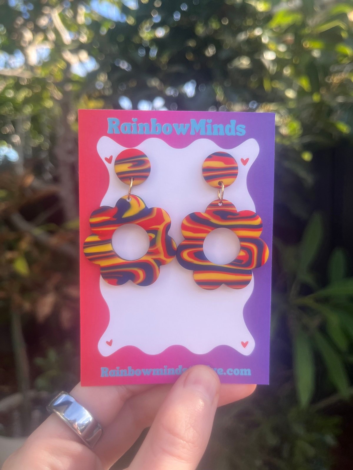 Team Swirls Polymer Clay Earrings- Red, Navy & Yellow Flower Dangles