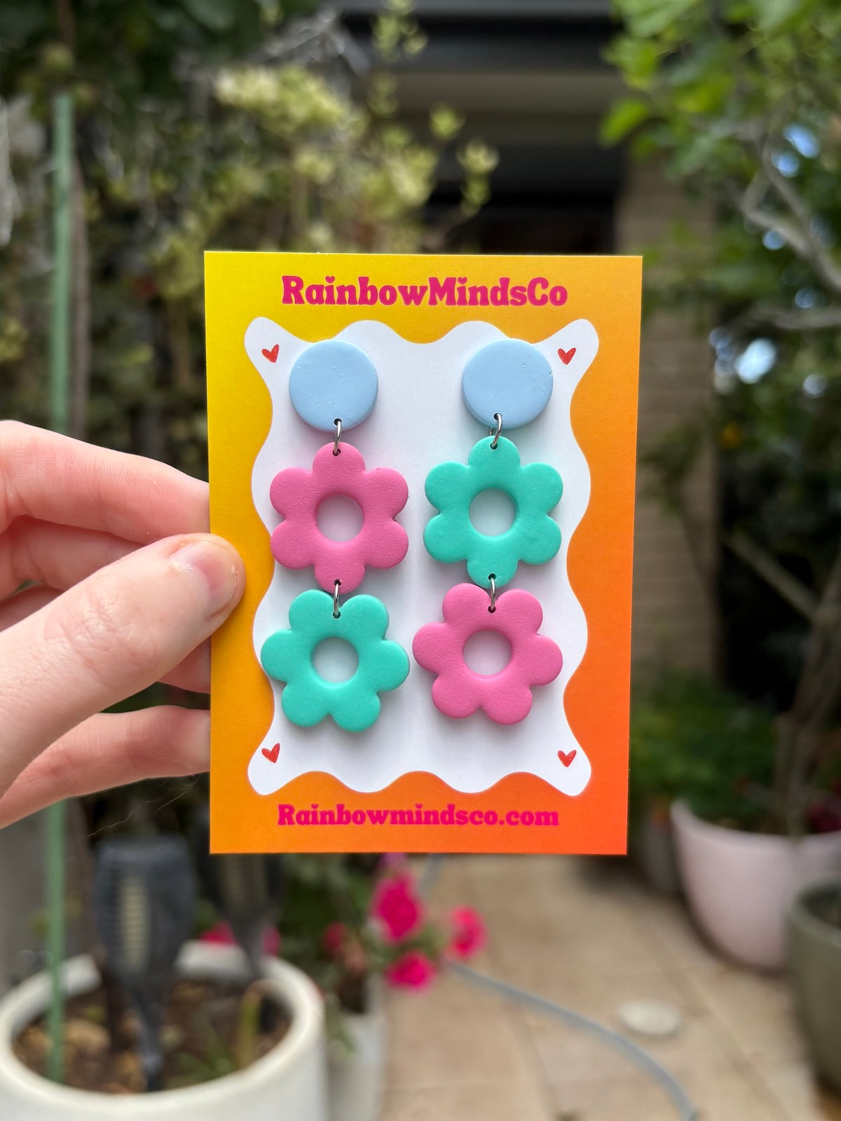 Sweet Bloom Polymer Clay Earrings- Pink & Mint Daisy Dangles