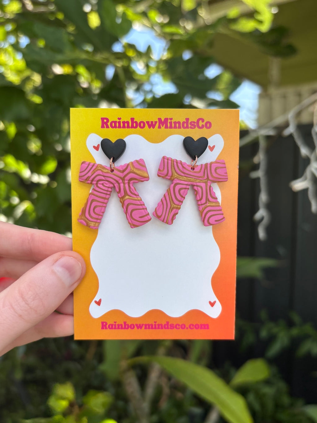 Peppermint Swirl Bow Polymer Clay Earrings- Pink & Gold Ribbon Dangles