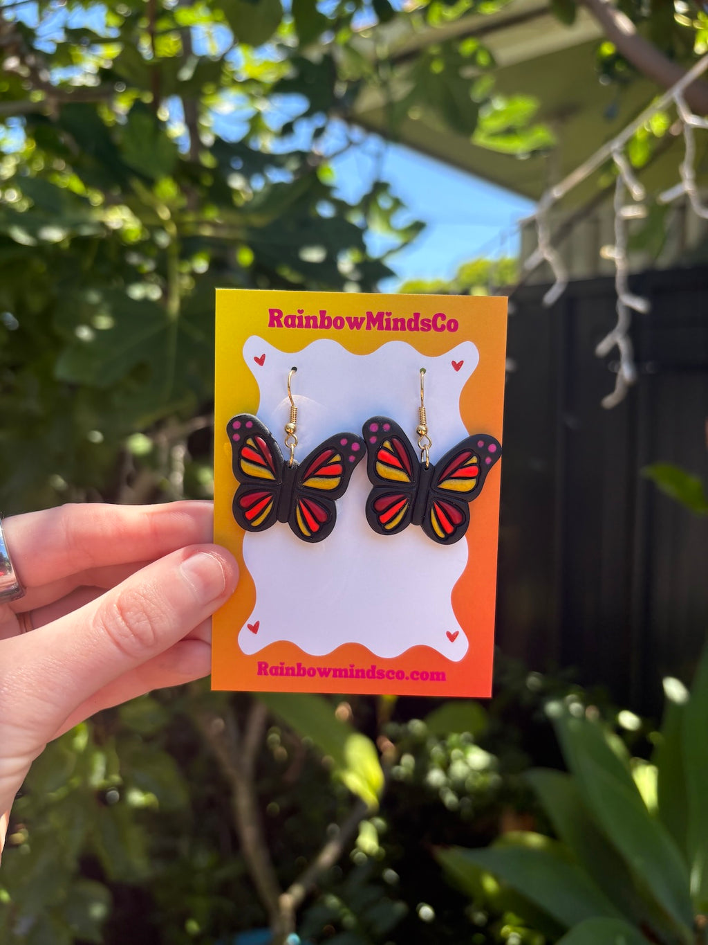 Sunset Monarch Polymer Clay Earrings- Red, Orange & Black Butterfly Dangles