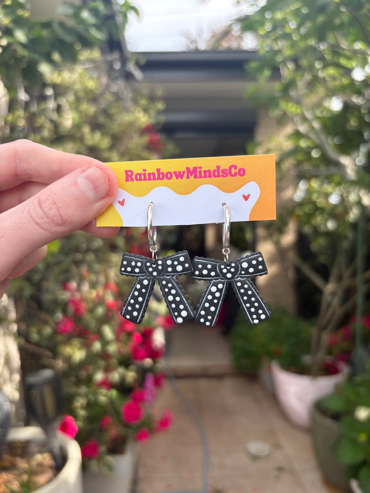 Polka Party Bow Earrings- Handmade Polymer clay Dangles (Black and White)