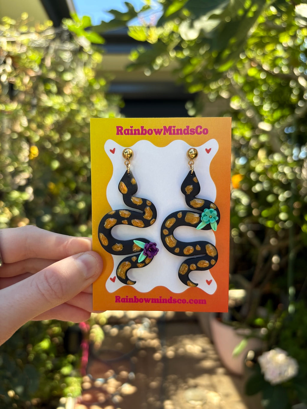 Gilded Garden Snake Polymer Clay Earrings- Black Snake Dangles with Gold Spots & Florals