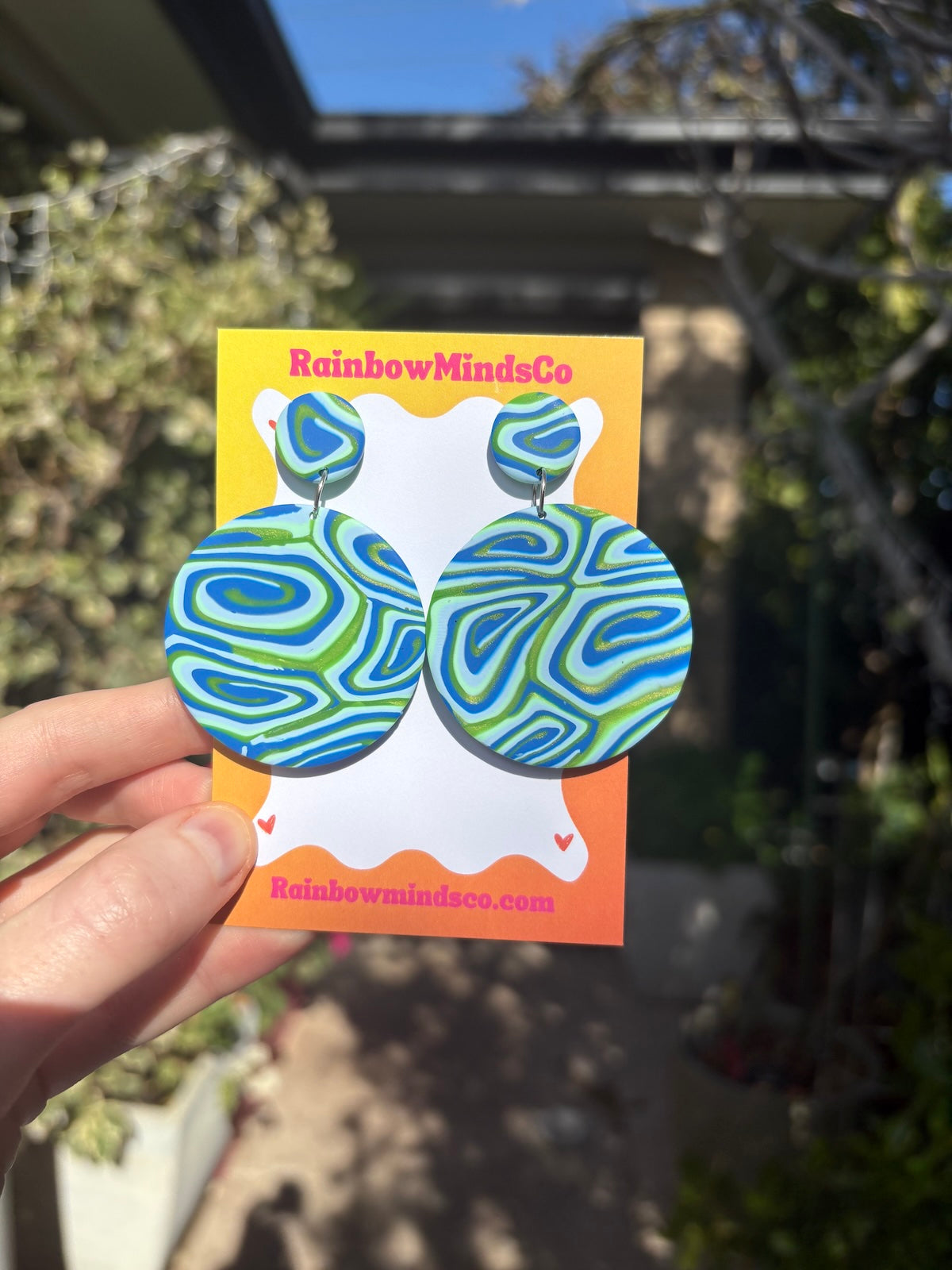 Lagoon Swirl Statement Polymer Clay Earrings- Blue & Lime Oversized Circle Dangles