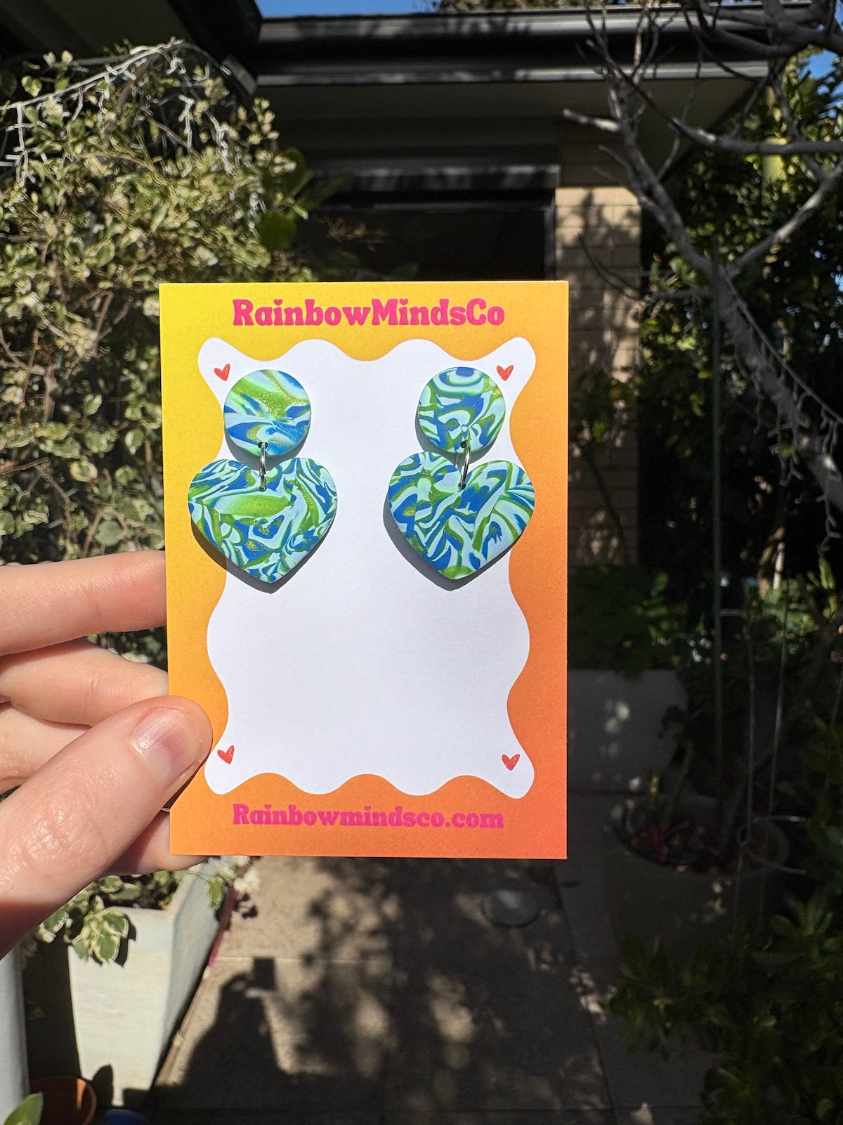Tidal Love Polymer Clay Earrings- Blue & Green Love heart Dangles