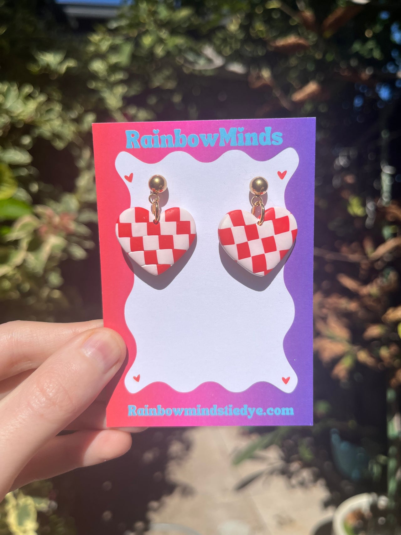 Checker Hearts - Red & White Checkered Polymer Clay Earrings