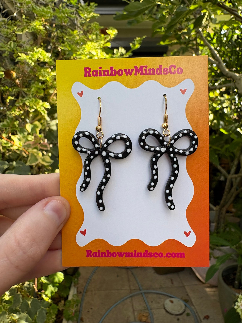 Stardust Ribbon Polymer Clay Earrings- Black Bows with White Dots Dangles