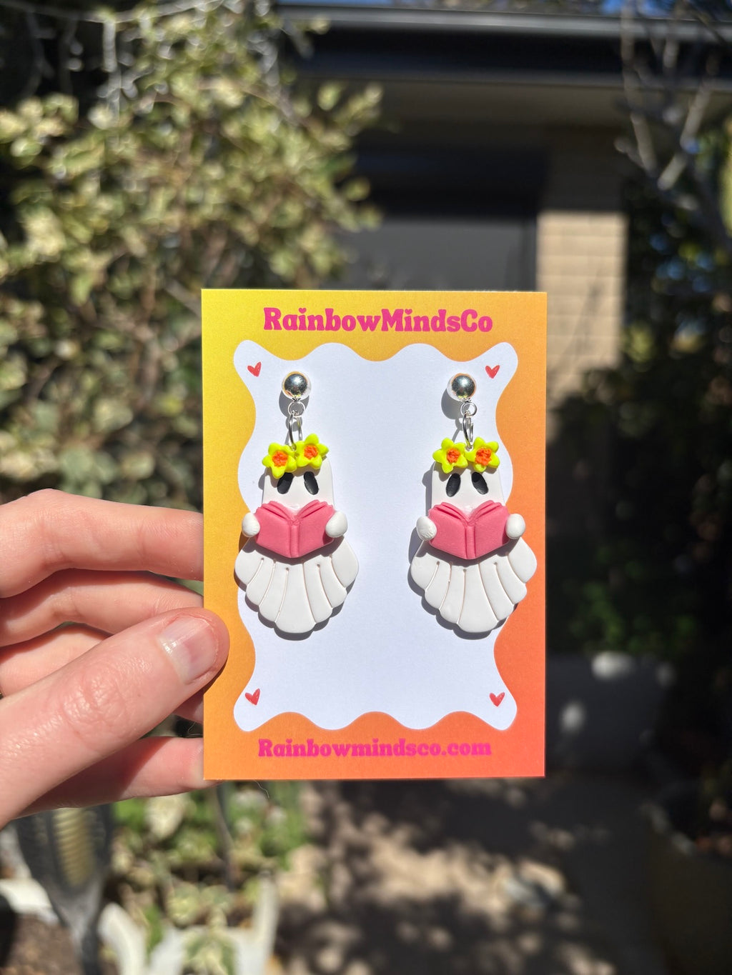 Floral Book Boo Polymer Clay Earrings- Ghost with Pink Book and Yellow Flowers