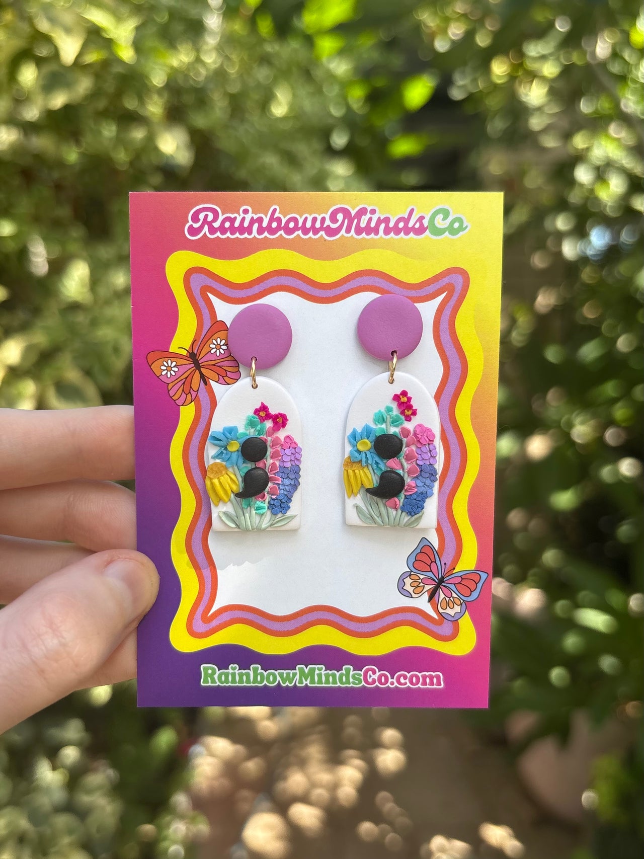 Mental Health Matters - Handmade Detailed Floral Polymer Clay Earrings- Semicolon