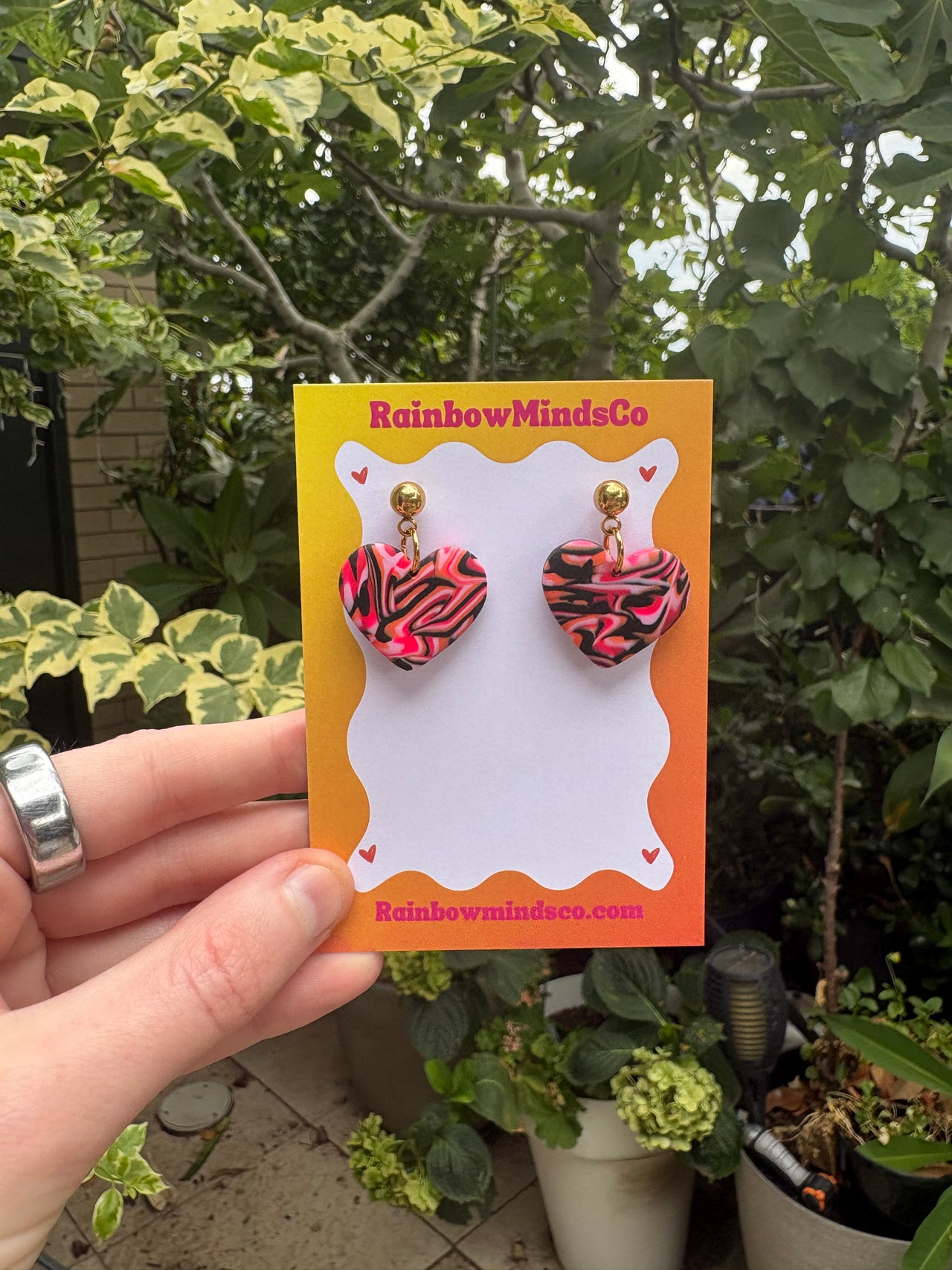 Electric Heart Polymer Clay Earrings- Pink & Black Swirled Love Heart Dangles