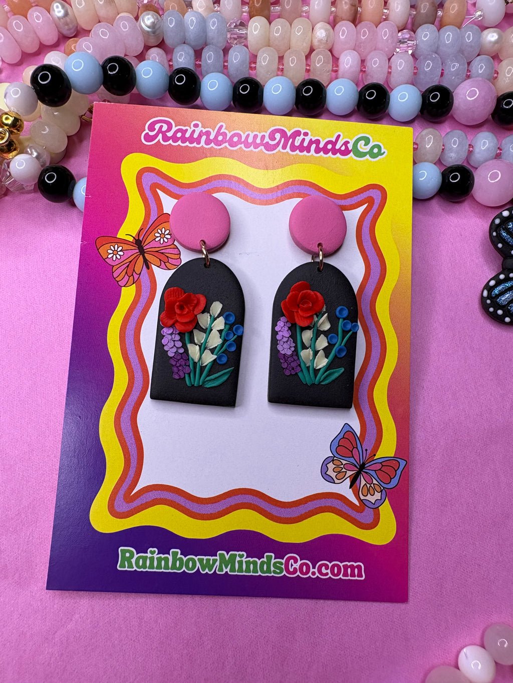 Red Rose & Lavender Garden Dangles - Handmade Polymer Clay Earrings