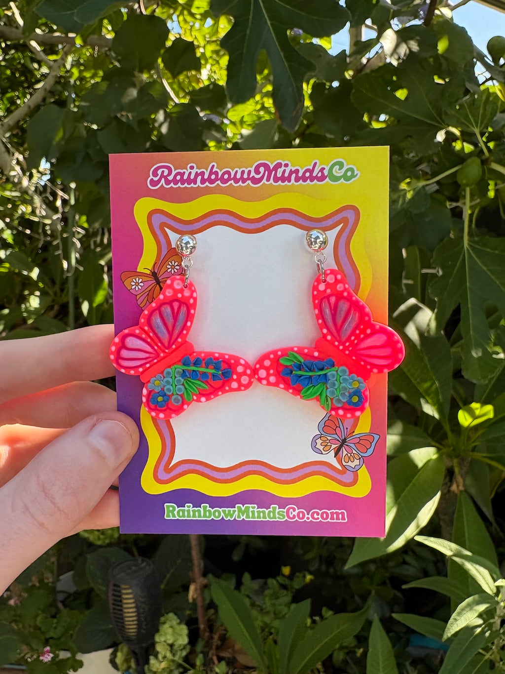 Fluoro Pink Polymer Clay Butterflies with Blue Detailed Florals