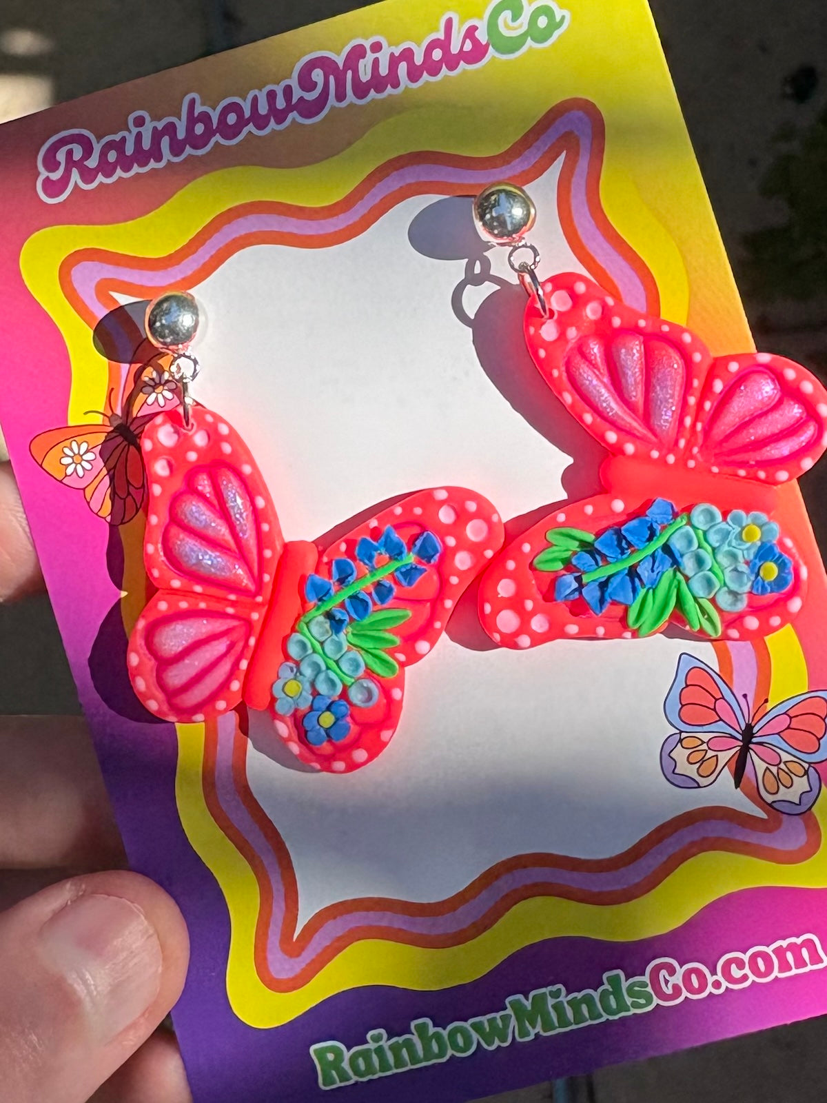 Fluoro Pink Polymer Clay Butterflies with Blue Detailed Florals