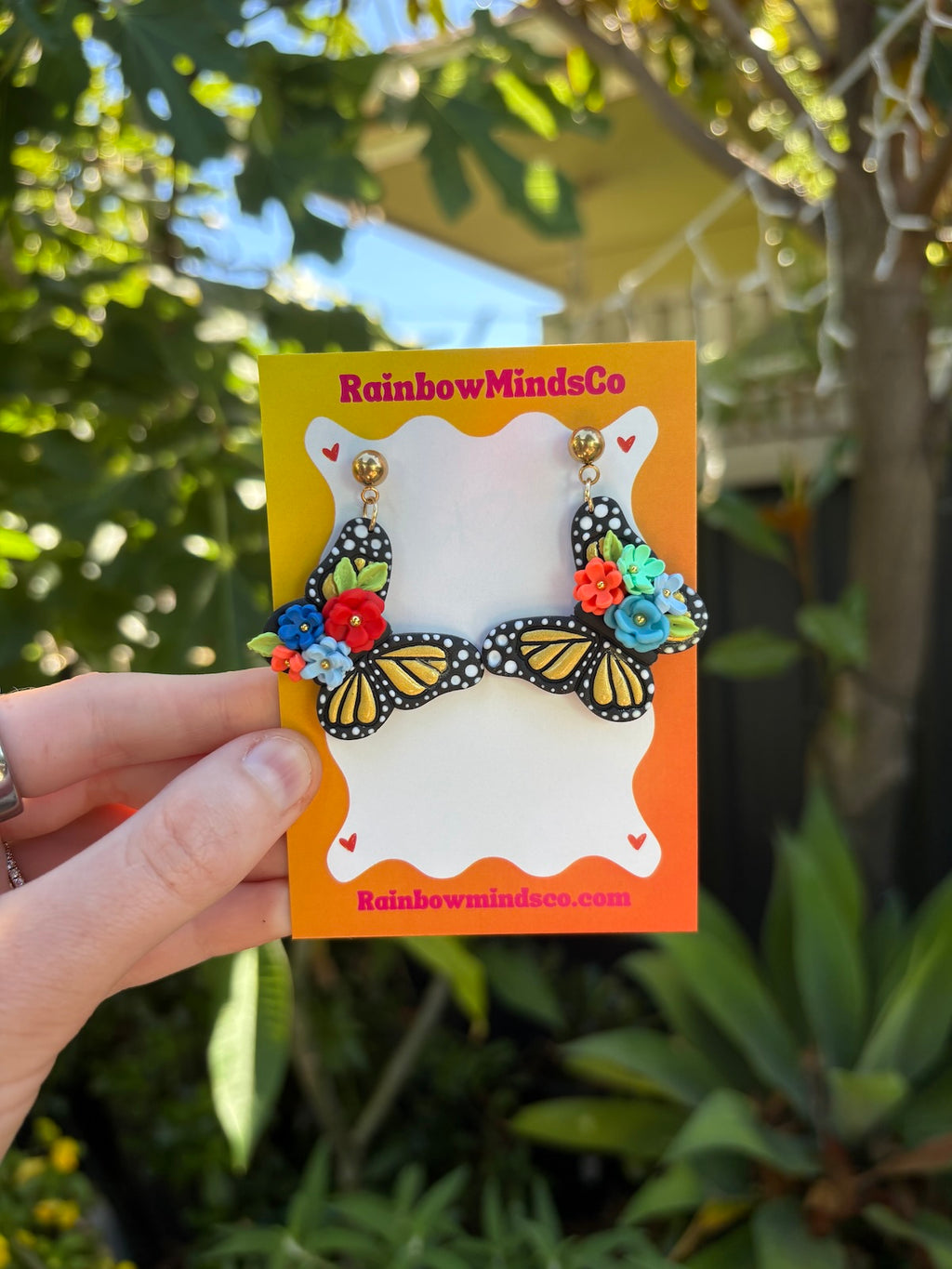 Wild Monarch Butterfly Polymer Clay Earrings- Bright Floral & Gold Dangles