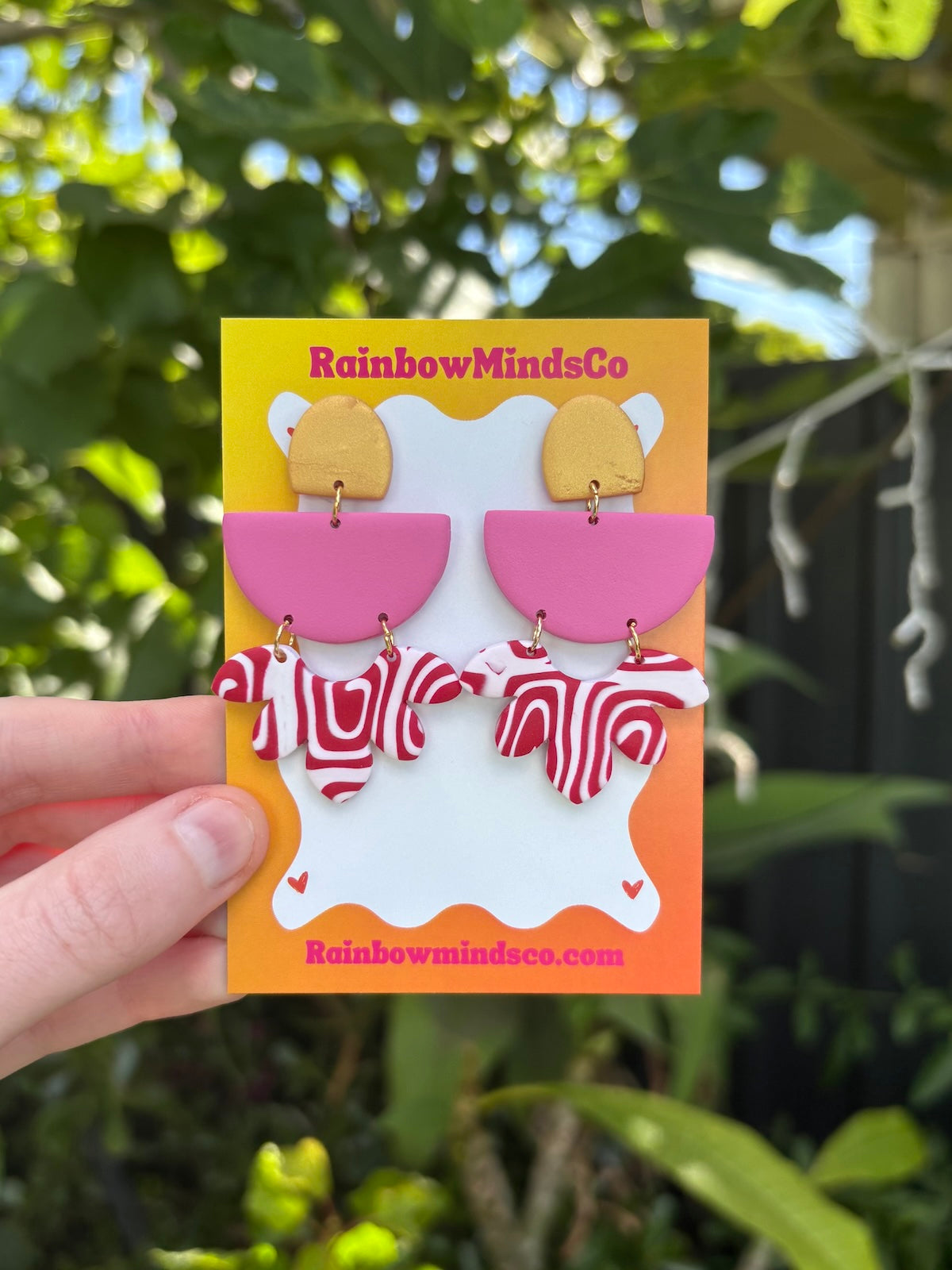 Golden Berry Layered Arch Polymer Clay Earrings- Pink, Red, White & Gold Statement Dangles