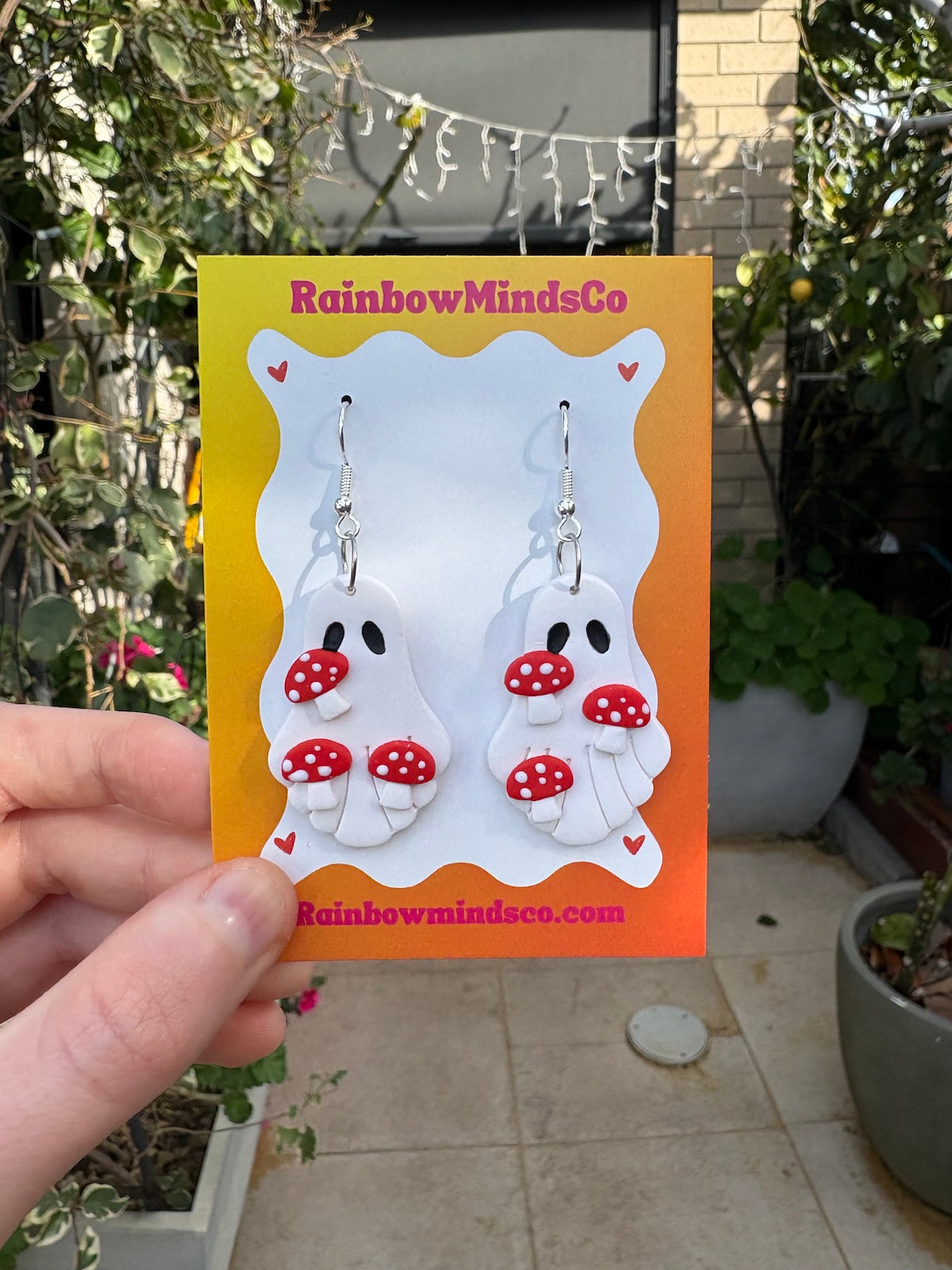 Spooky Shroom Polymer Clay Earrings- Ghost and Red Mushroom Dangles