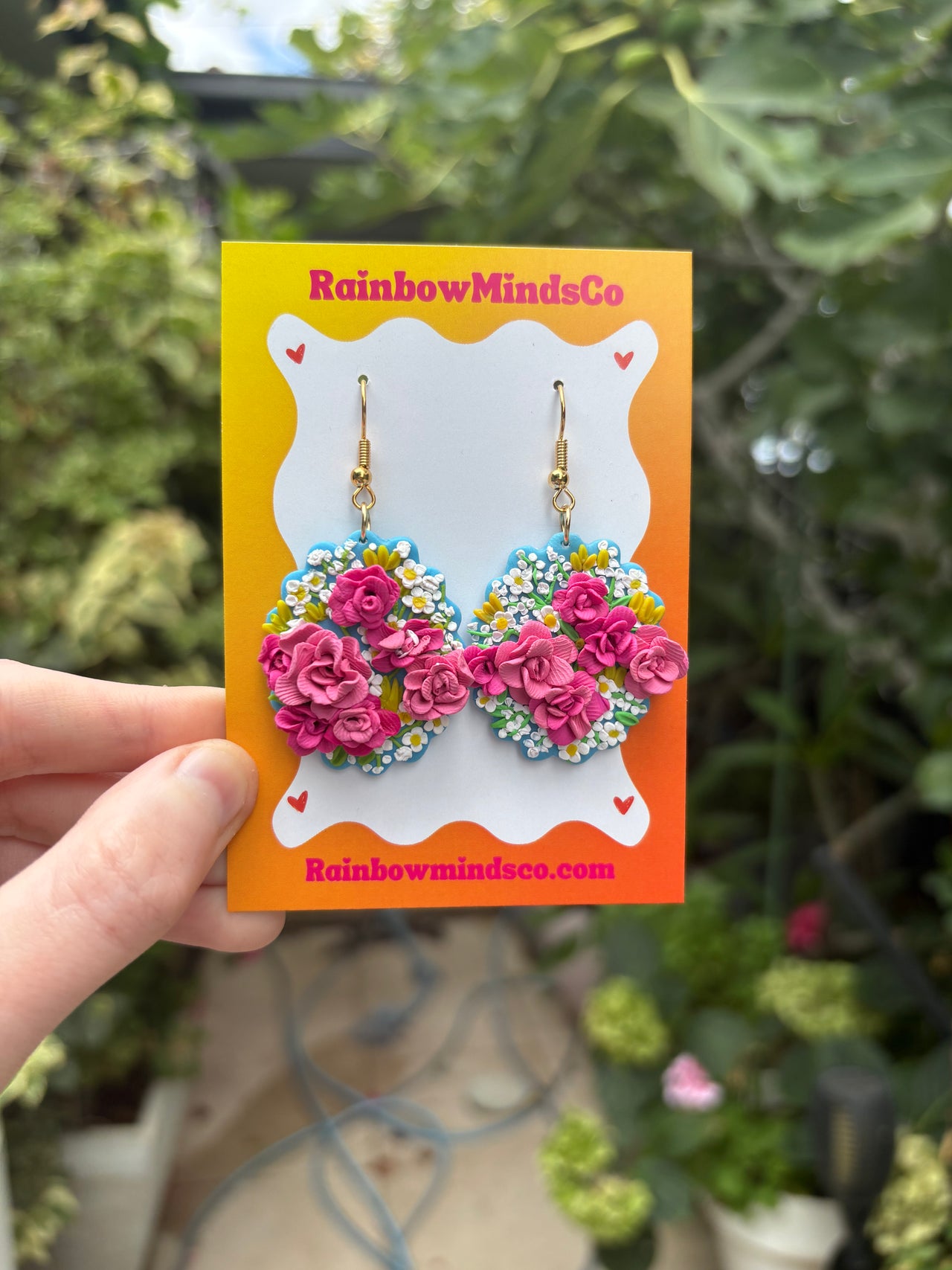 Floral Bouquet Polymer Clay Earrings- Blue, Yellow & Pink Detailed Floral Dangles