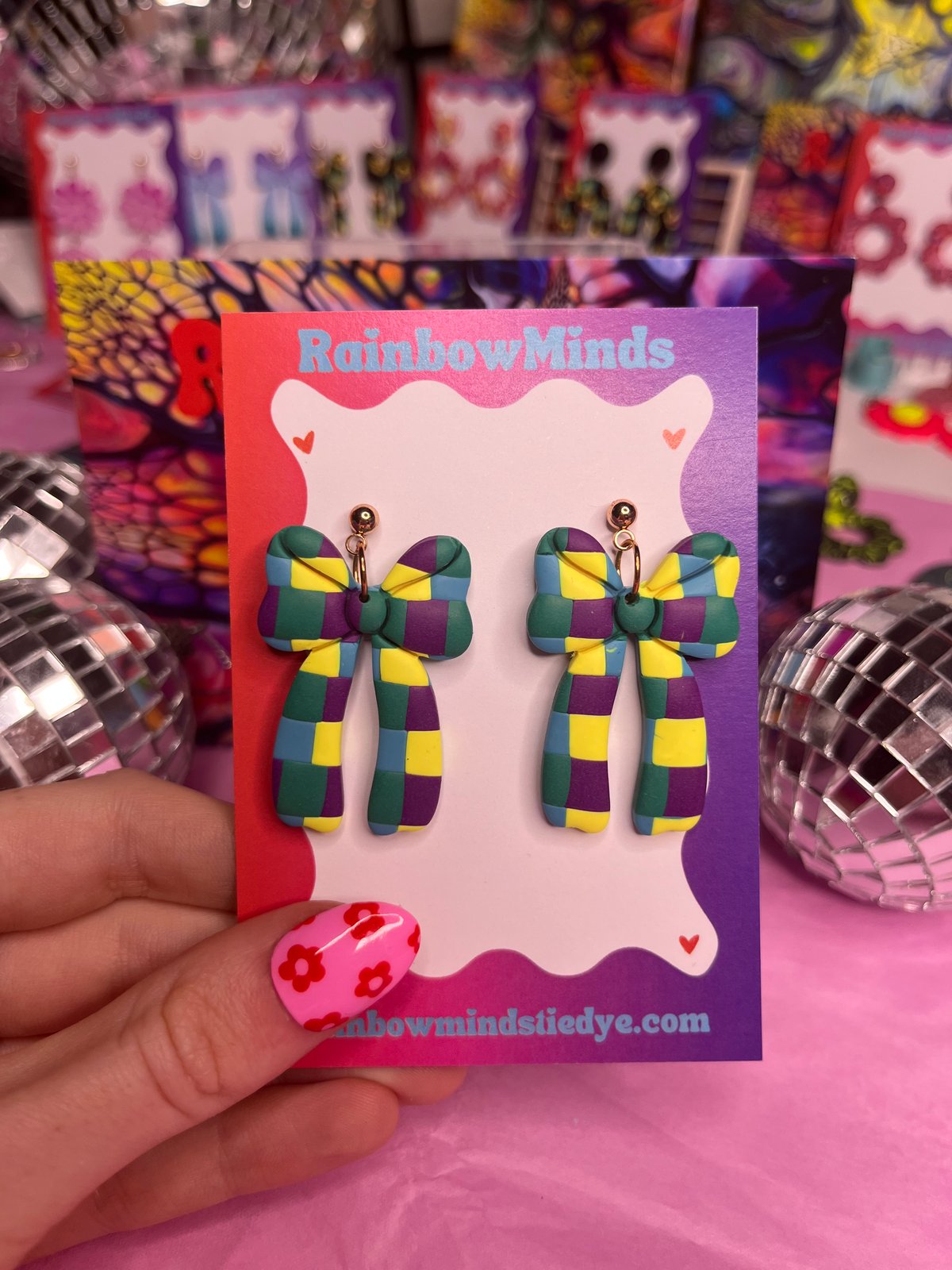Colour Pop Bow Polymer Clay Earrings- Green, Purple & Yellow Checkered Ribbon Dangles
