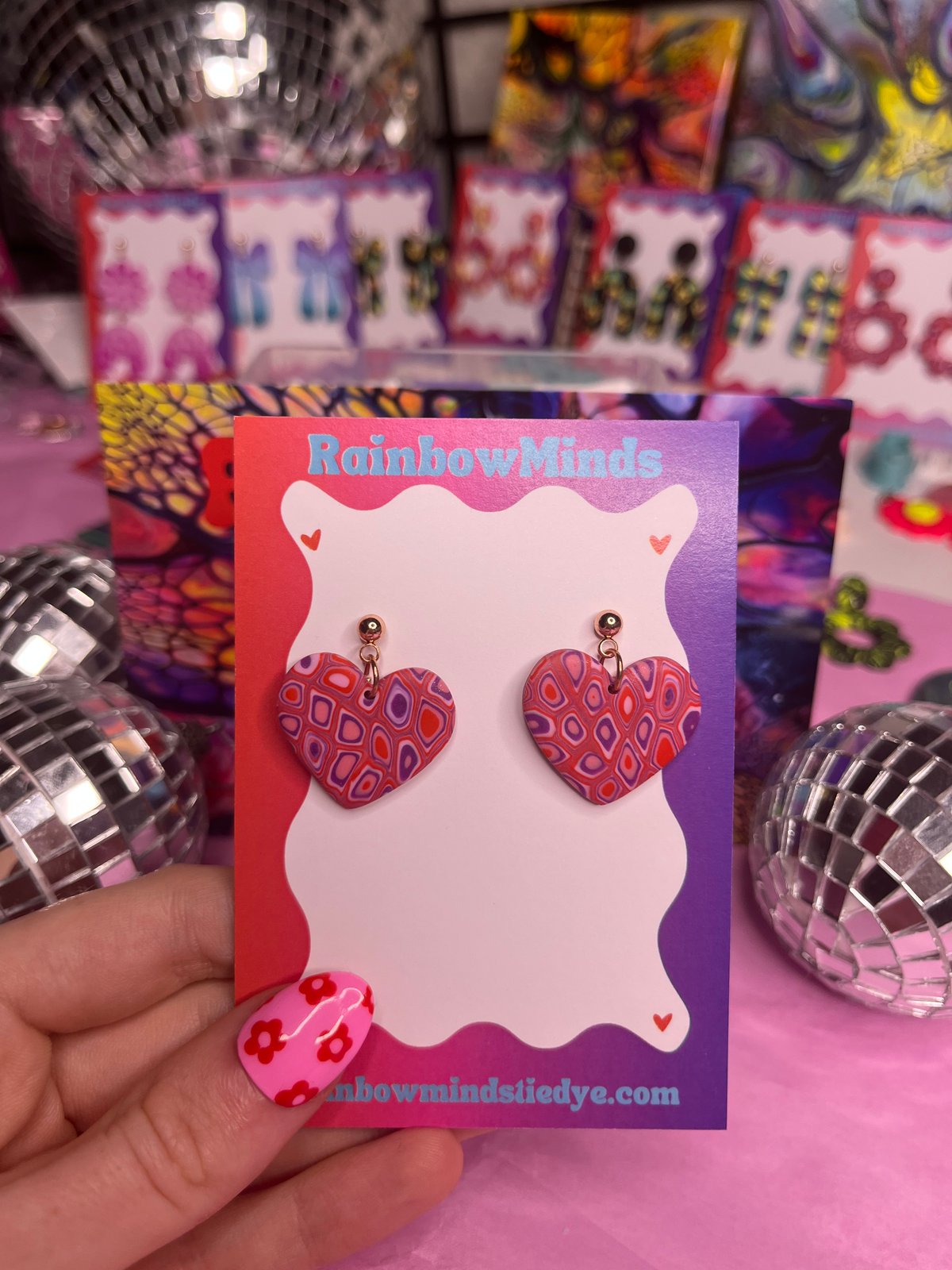 Groovy Heart Polymer Clay Earrings- Pink Trippy Love Heart Dangles