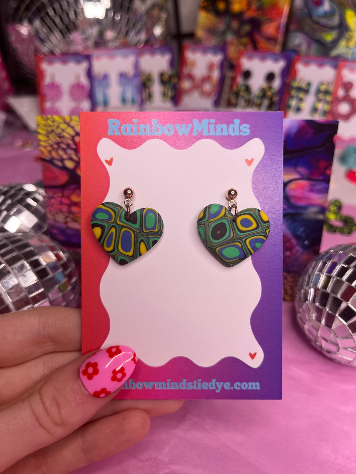 Geometric Heart Polymer Clay Earrings- Green, Blue, Yellow & Black Trippy Heart Dangles