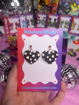 Polka Dot Heart Polymer Clay Earrings- Black Spotted Heart Dangles