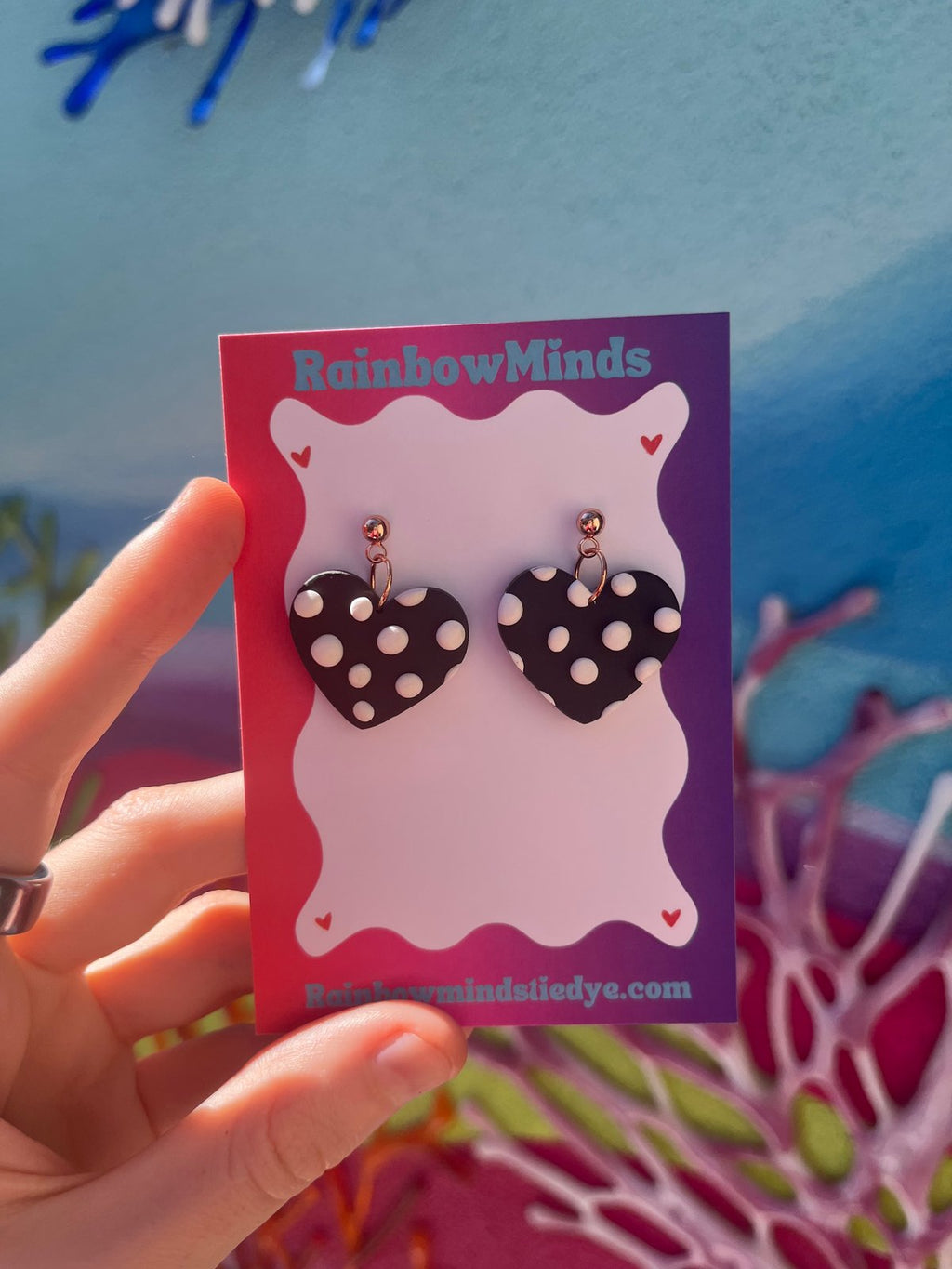 Polka Dot Heart Polymer Clay Earrings- Black Spotted Heart Dangles
