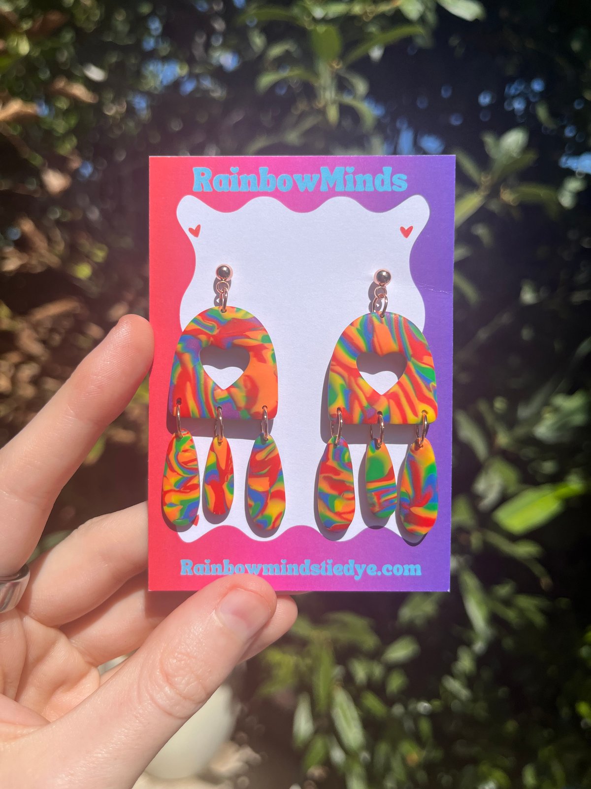 Rainbow Love Polymer Clay Earrings- Funky Rainbow Heart Arch Dangles