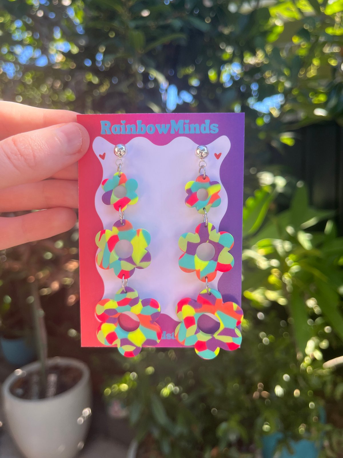 Confetti Bloom Polymer Clay Earrings- Multicoloured Triple Flower Dangles