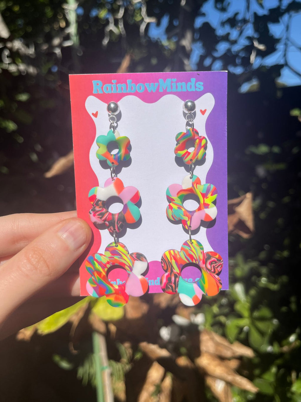 Patchwork Petal Polymer Clay Earrings- Colourful Triple Daisy Dangles