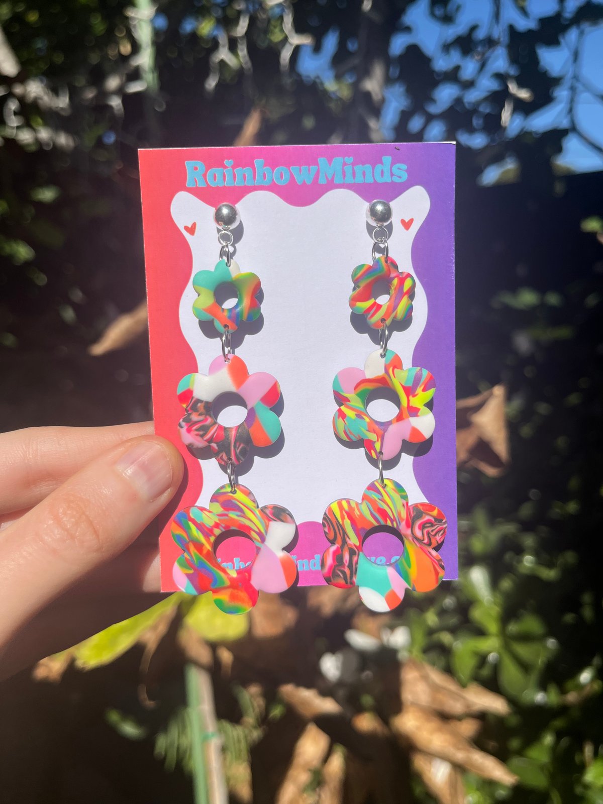 Patchwork Petal Polymer Clay Earrings- Colourful Triple Daisy Dangles