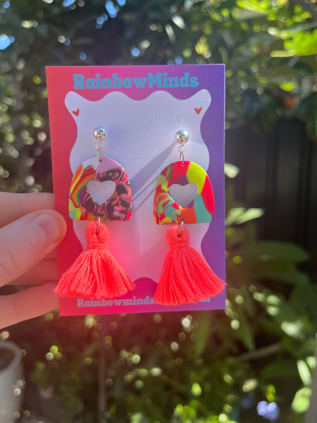 Neon Love Polymer Clay Earrings- Colourful Heart Arches with Neon Coral Tassels