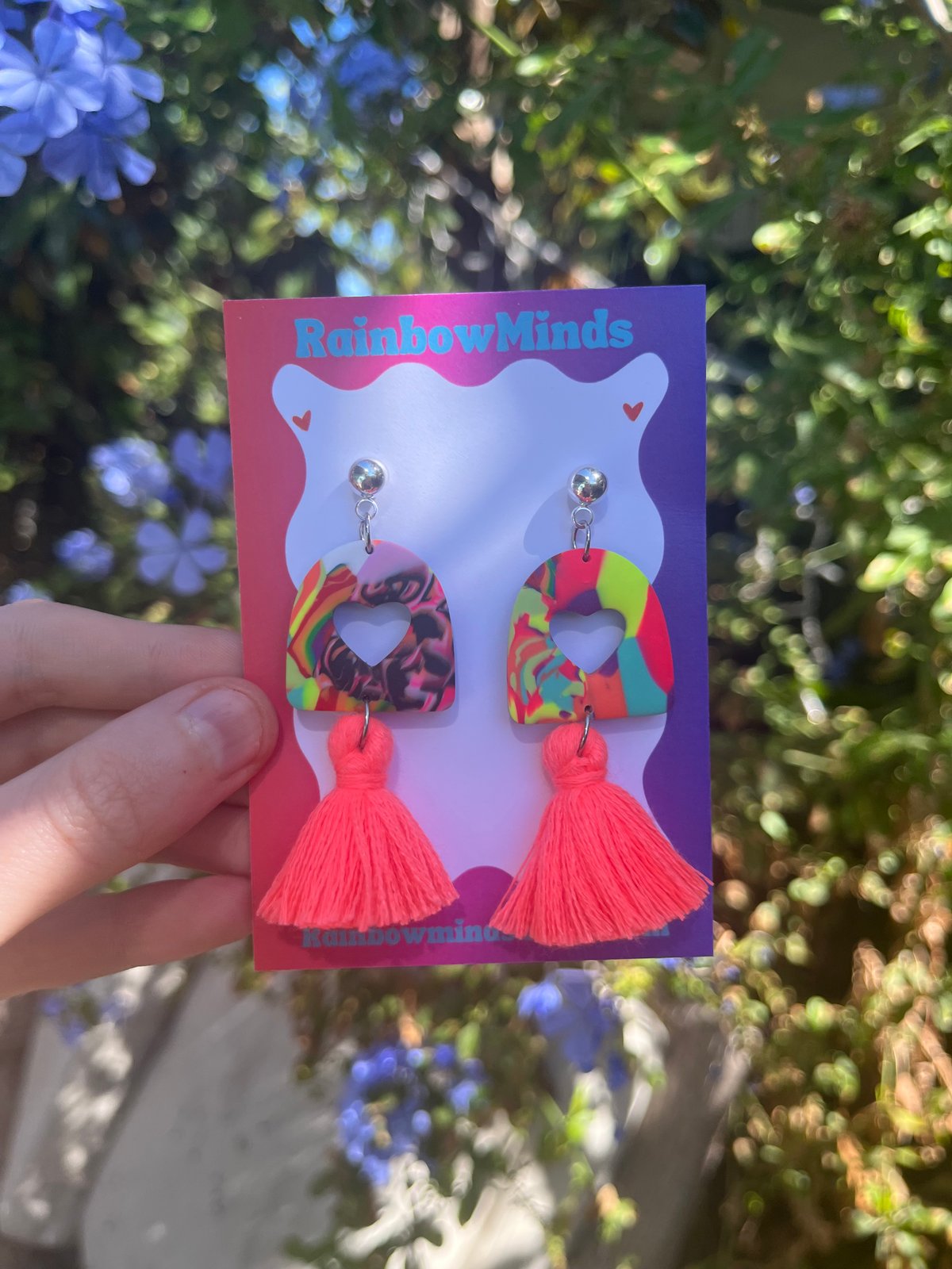 Neon Love Polymer Clay Earrings- Colourful Heart Arches with Neon Coral Tassels
