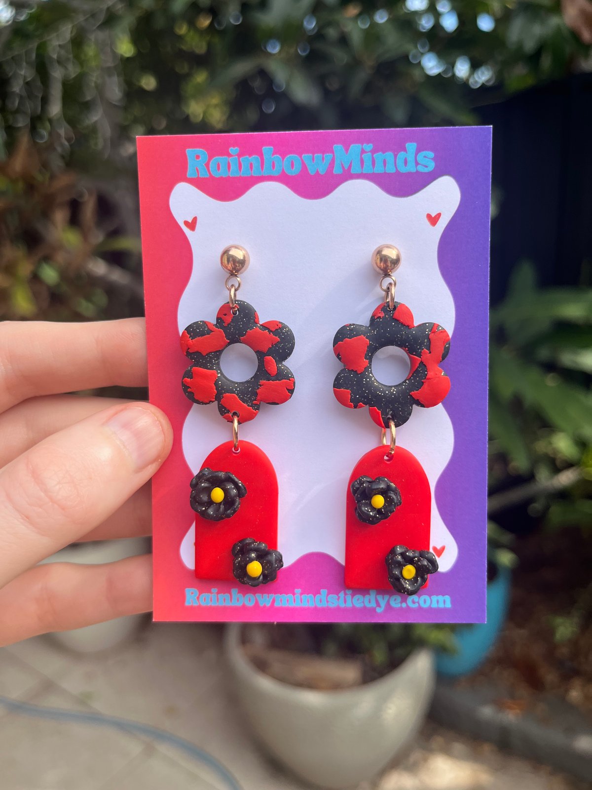 Poppy Power Polymer Clay Earrings- Red & Black Flower & Arch Earrings
