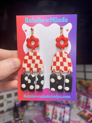Checkered Love Polymer Clay Earrings- Red & White Checks & Black & White Spot Dangles