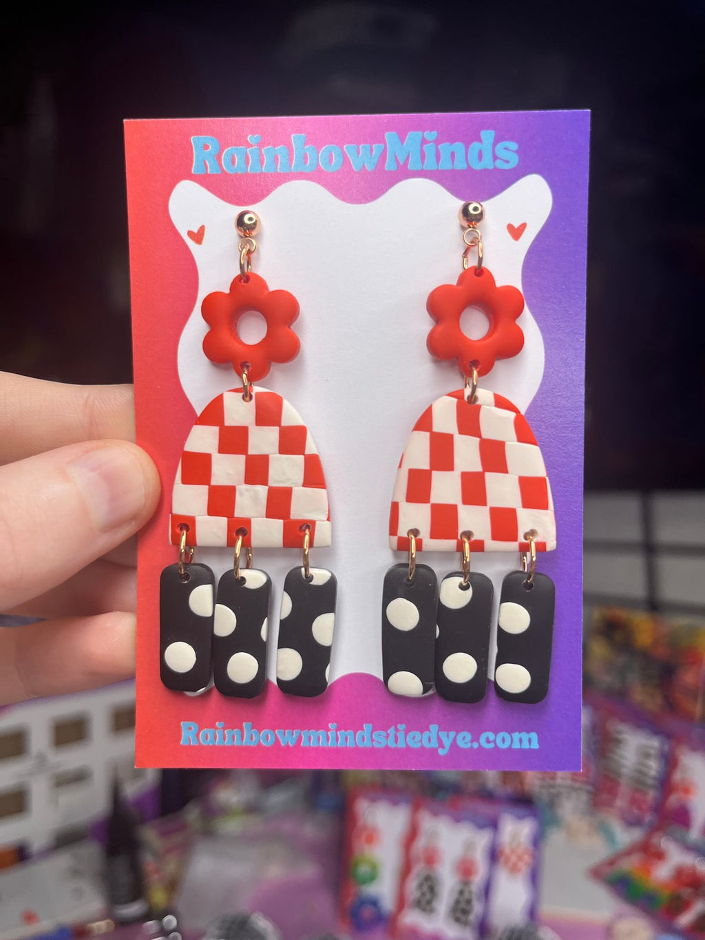 Checkered Love Polymer Clay Earrings- Red & White Checks & Black & White Spot Dangles