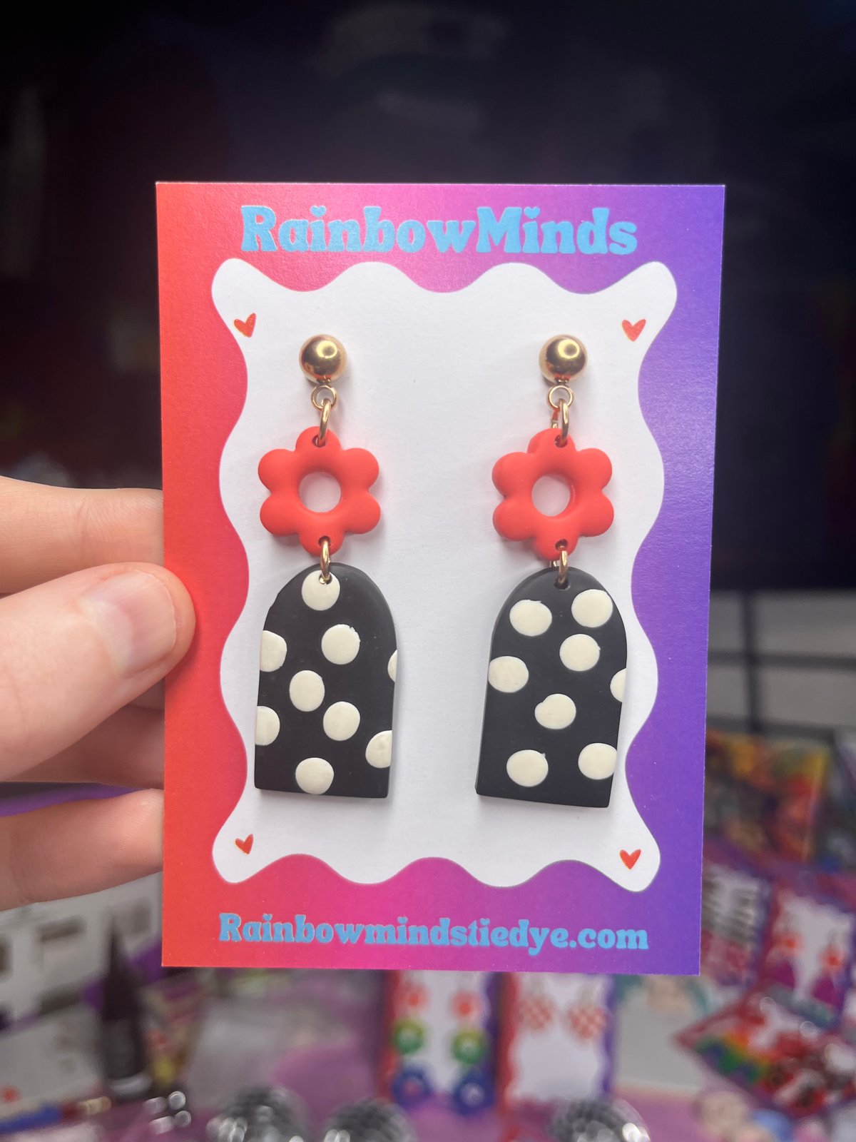 Flora Pop Polymer Clay Earrings- Red Flowers with Black Spotted Arch Dangles