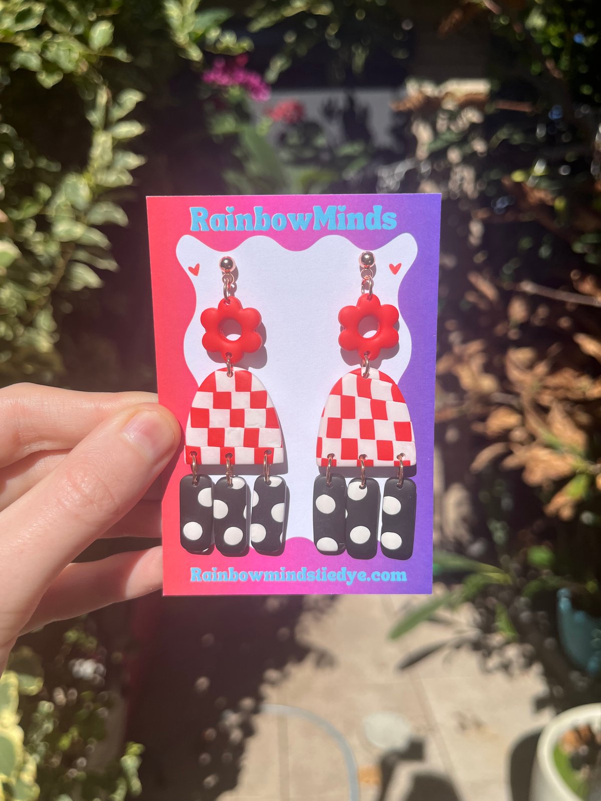 Checkered Love Polymer Clay Earrings- Red & White Checks & Black & White Spot Dangles
